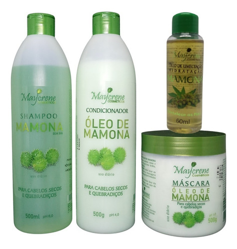  Kit Óleo De Mamona 3x500g Maycrene Sh+cond+másc+oleo Umectan