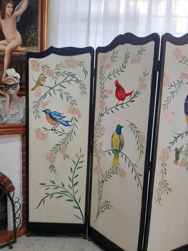Biombo Antiguo 2 Vistas . Pintado A Mano De Aves