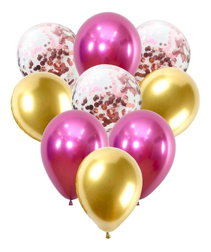 Kit9pz Globo Metálico-crome Transparente Confeti Fucsia Gold