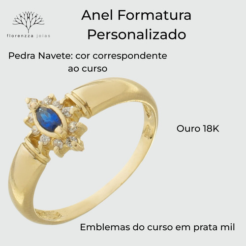 Anel Formatura Personalizado Ouro 18k Com Navete E Zircônias