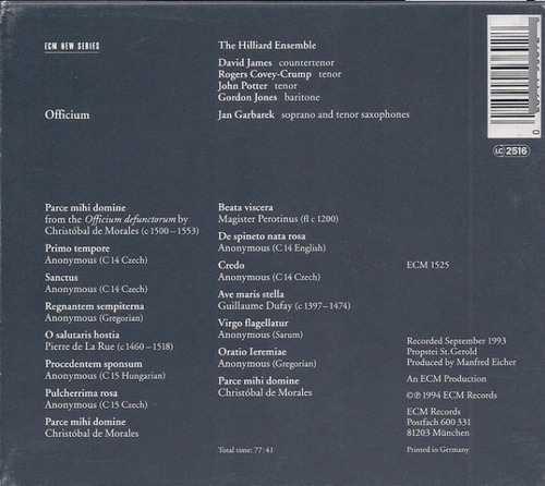 Cd Jan Garbarek / Hilliard Ensemble Officium Lacrado C/ Luva