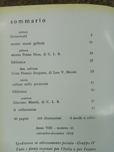 Imagen 2 de 4 de Sele Arte Nº 43 * Septiembre 1959 * Scultura Pittura Grafica