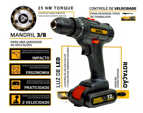 Parafusadeira E Furadeira Sem Fio Bateria 12v Bivolt 3/8 Com Jogo De Soquete Aço 1/4 Catraca Chave Allen Maleta 46 Peças Snel Ferramentas