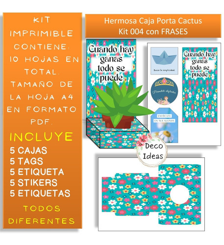 Imagen 4 de 4 de Kit Imprimible 04 Caja Portamaceta Suculenta Frase Positiva