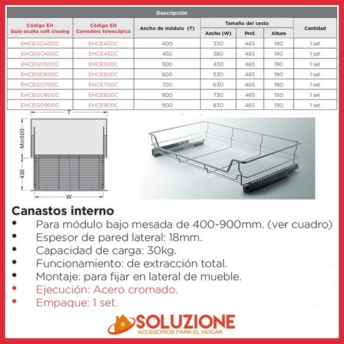 Canasto Interno 400 Mm Acero Cromado Cocina Guia Oculta