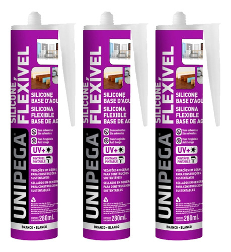 3 Adesivo Base Água Branco Cartucho 280ml Vedação Interna