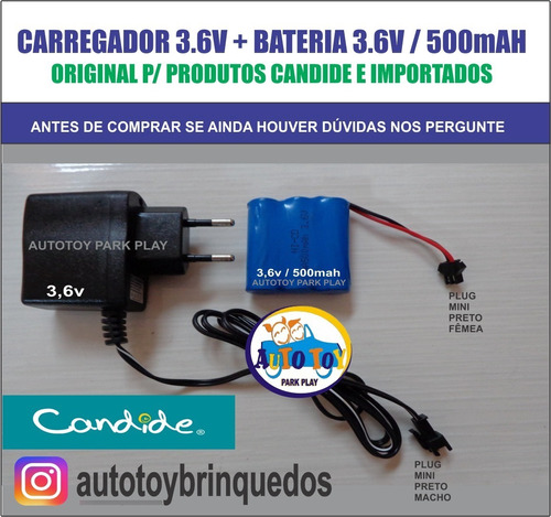 Bateria 3.6v500mah + Carregador 3.6v Mini Plug