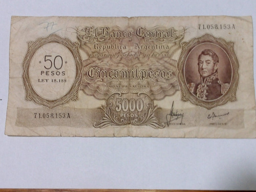 Billete Argentina 5000 $ M/n Resellado 50 $ Ley Ec#555b