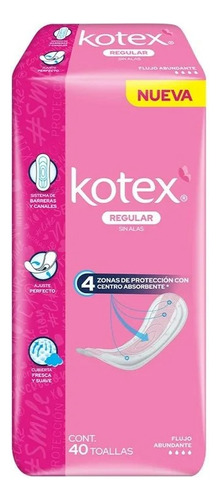 2 Pza Toallas Femeninas Kotex Regular Sin Alas Flujo Abundan