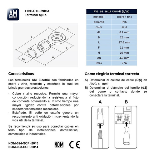 Terminal Ojillo 5/16 In (16-14 Awg) Pvc Azul 100 Pzs