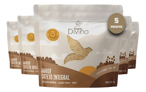 Arroz Grano Divino Cateto Integral 1kg (5 Pacotes) Kit