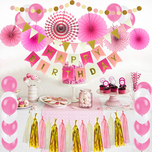 Decoración Rosa Cumpleañera Con Pancarta Y Guirnaldas Color Nombre Del Diseño