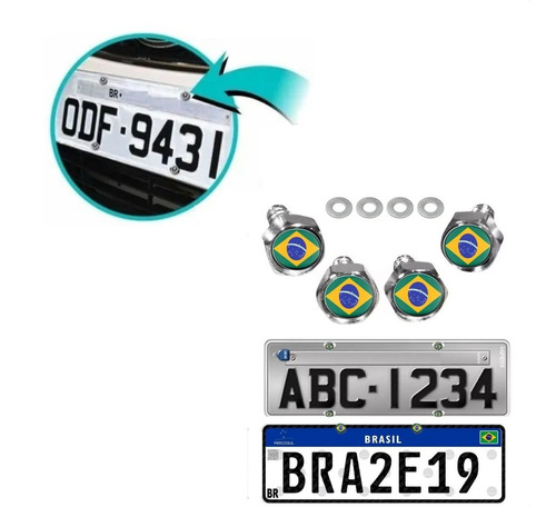 Kit Parafusos Placa Cromado Emblema Resinado Bandeira Brasil