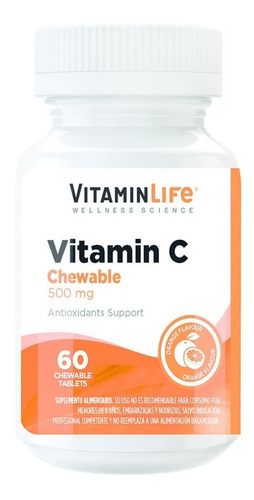 Vitamina C Chewable / 500 Mg / 60 Gomitas / Vitamin Life Sabor Naranja