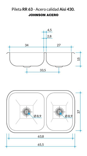 Imagen 2 de 3 de Pileta Cocina Johnson Rr63 Bacha Doble