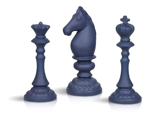 Trio De Xadrez Decorativo Rei Rainha Cavalo Azul Fosco