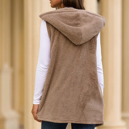 Chaleco Casual De Felpa Con Capucha De Color Liso De Longitu