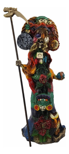 Santa Muerte Azteca Con Luna Y Sol, Ritualizada 43 Cm Resina