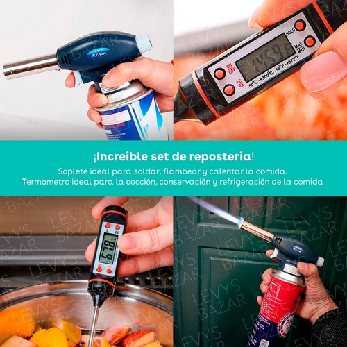 Imagen 3 de 10 de Pack Soplete Flambeador Reposteria + Termometro Digital Pila