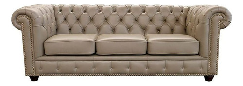 Sofá 3lugares 235cm Chesterfield Pés Madeira Couro Avelã