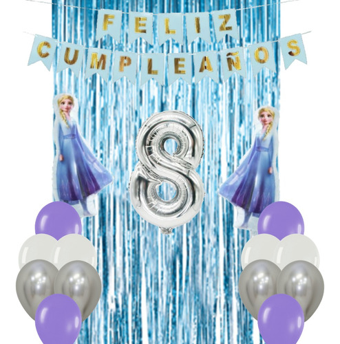  Combo Kit Deco Cumple Frozen Cortina Banderin Globos