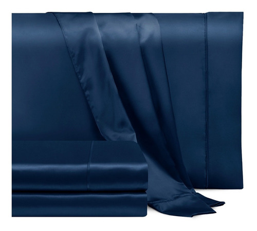 Real Textil Sábana de Satín 196x187cm azul marino king