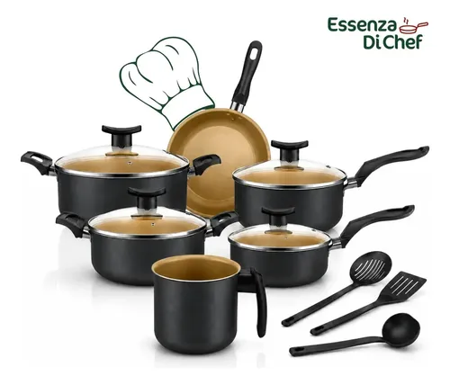 Conjunto De Panelas 9 Peças Antiaderente Com Tampa De Vidro E Utensílios Fogão A Gás Preto Bege