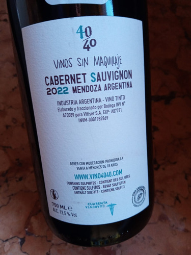 Vino 40 / 40 Cabernet Sauvignon By Lucas Pfister X Botella !