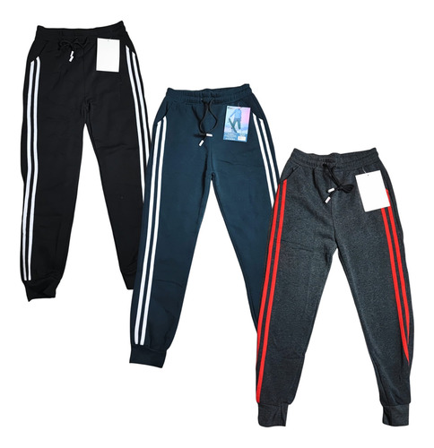 Kit 3 Calças Moletom Forradas Listras Laterais Juvenis Moda