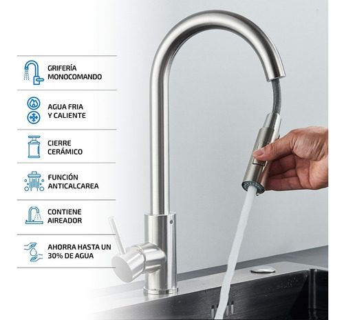 Imagen 2 de 10 de Griferia Para Cocina Monocomando Canilla Extensible De Acero