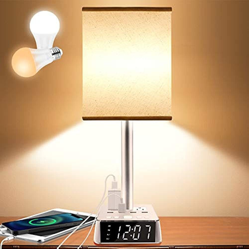 Lámpara De Noche 4 Puertos Usb Y Reloj Despertador Color de la estructura Blanco Color de la pantalla Beige