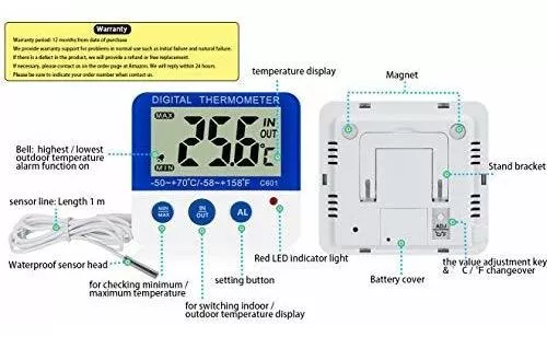  Termómetro para nevera y congelador, memoria máxima/mínima  LXSZRPH, ajustes de alarmas de alta y baja temperatura con indicador LED,  termómetro de refrigeración digital con magnético, soporte : Hogar y Cocina