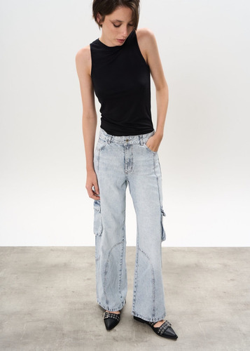 Pantalón Wide Leg Cargo De Jean Rígido Tiro Medio- Scott