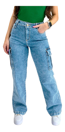 Calça Jeans Wide Leg Cargo Cintura Alta Lycra Bolso Lateral 