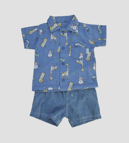 Imagen 1 de 3 de Conjunto Bebe Camisa Jersey Estampado Short Chambray Jean