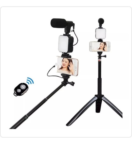 Kit Grabación Micrófono Linterna Led Trípode Soporte