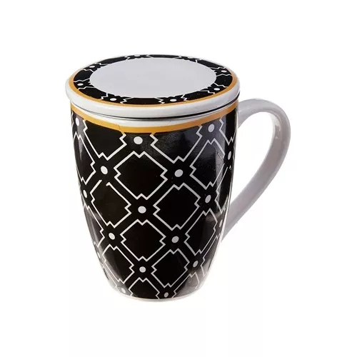 Jogo de Caneca Porcelana para Chá 310ml com Tampas e Infusor Inox