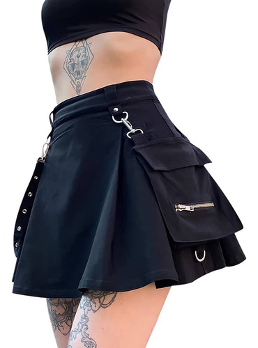 Ruolai Minifalda Plisada Negra Gotica Cadena Cintura Alta