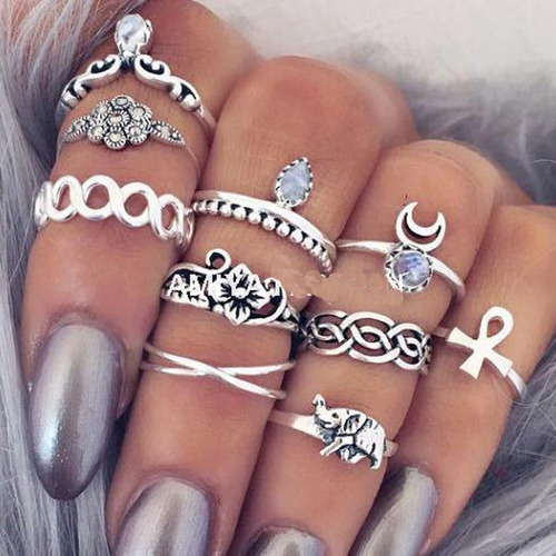 Juego De 10 Anillos Midi De Aleación De Plata.