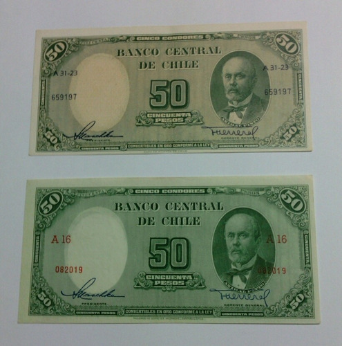 Imagen 1 de 2 de Par De Billetes Chilenos 50 Pesos Maschke - Herrera (grw)