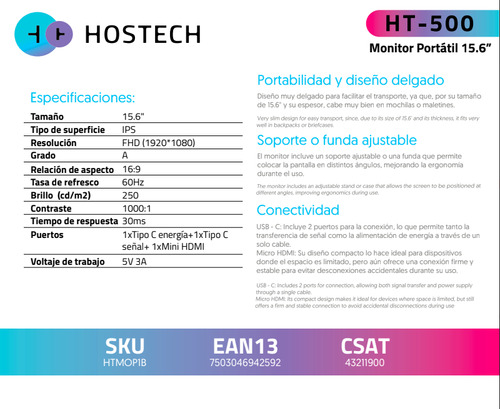 Monitor Portatil Hostech 15.6 Fhd 1920*1080 (htmop1b) Color Gris Oscuro