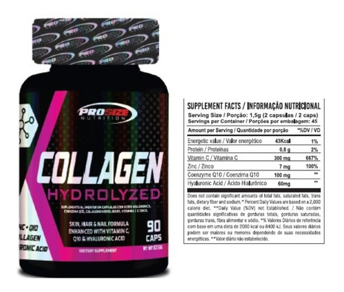 Collagen Hydrolyzed Colágeno Hidrolisado 90 Caps Prosize Sabor Sem Sabor