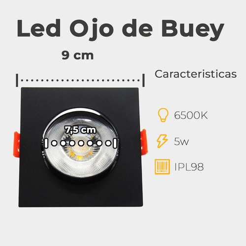 Ojo De Buey Led Cuadrado Negro 5w Luz Blanca 6500k