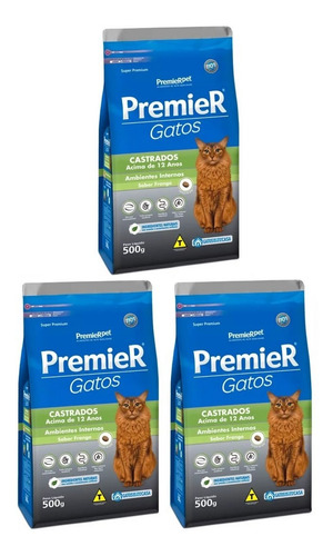 Kit 3un. Ração Gato Castrado Frango +12 Anos 500g Premier