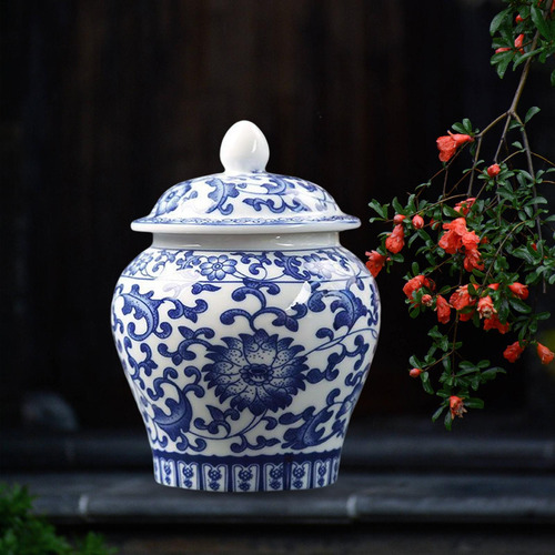 Jarra Templo De Porcelana Chinesa Azul E Branca Com Tampa