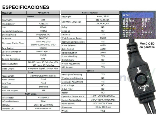 Camara Ccd Sony 960h - 700tvl - Osd - Antivandálica - Cvbs
