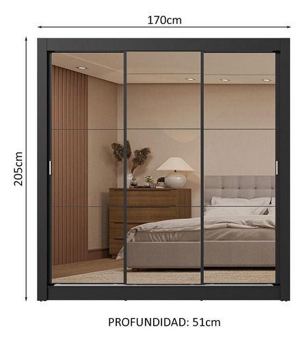Ropero Closet Madesa 3 Puertas 3 Espejos Nn 01 Color Negro
