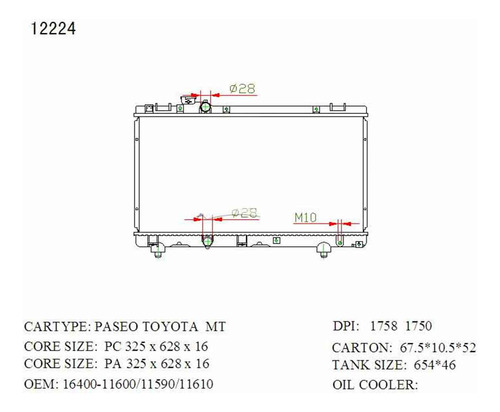 Radiador Toyota: Paseo, Tercel 1.3, 1.5 (m/t) (325 X 628 X 1