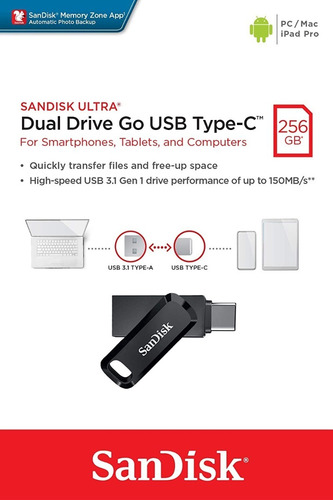 Imagen 3 de 5 de Pendrive Sandisk Ultra Dual Drive 256gb Usb Type C Factura A