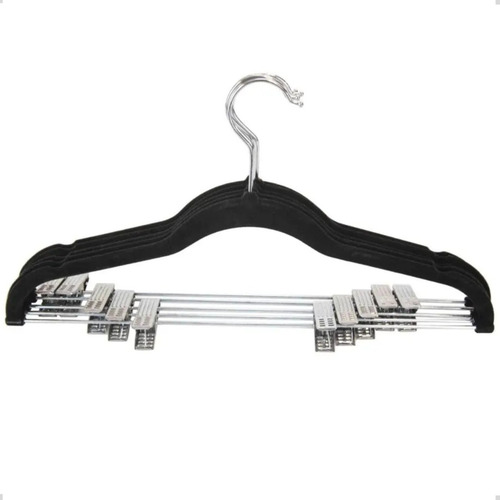 Kit 05 Unidades Cabide Slim Veludo Preto Com 10 Presilhas